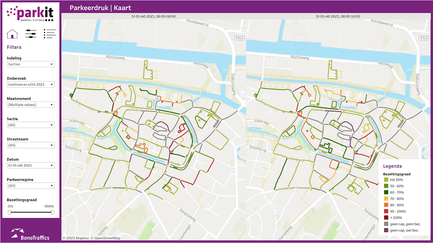 Screenshot van de parkeeranalyse app Parkit, waarop de functionaliteiten en een voorbeeldkaart te zien zijn.